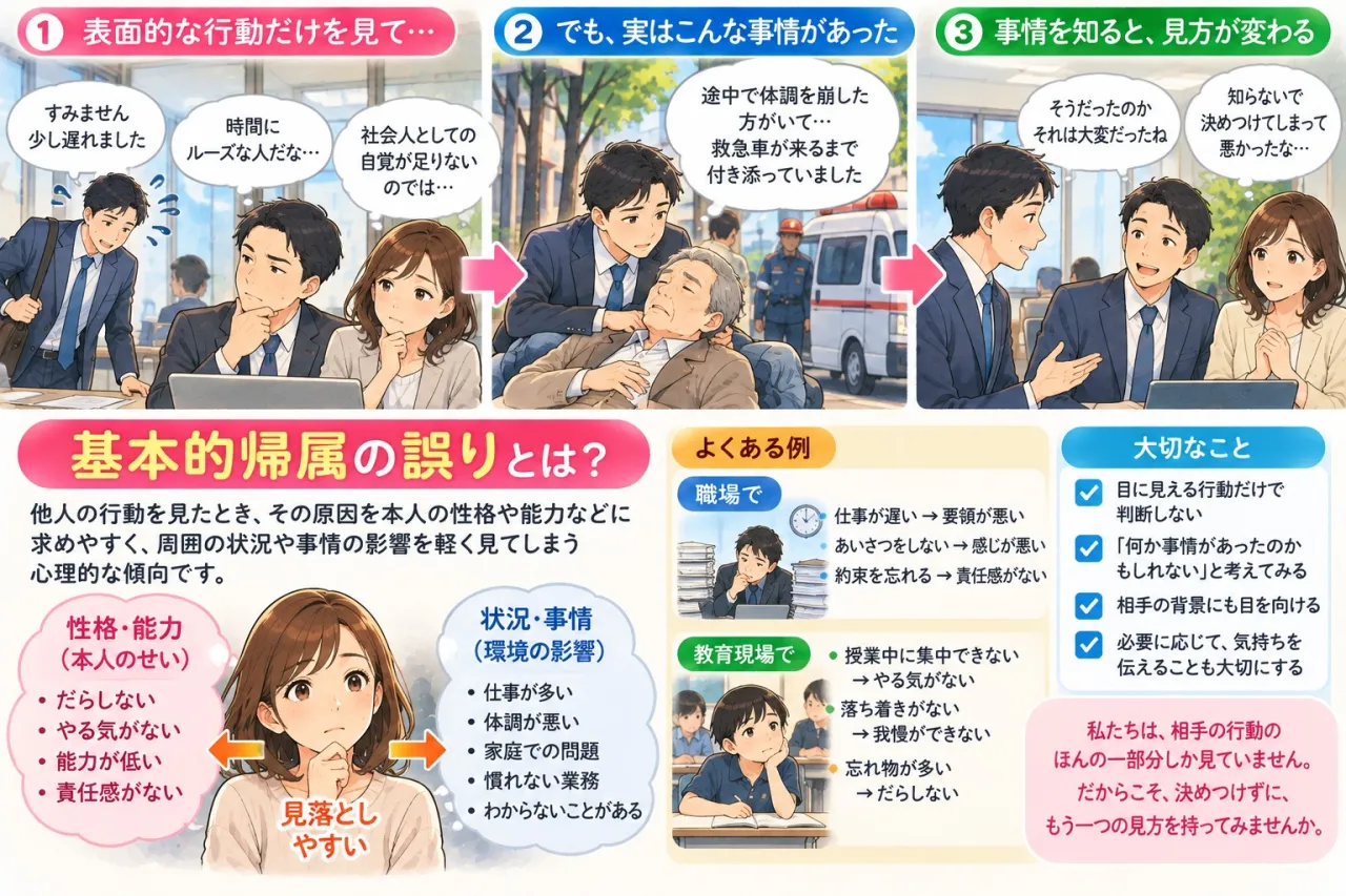 「あの人は、だらしない人だ」と決めつけていませんか？ ― 基本的帰属の誤りという心のしくみ ―